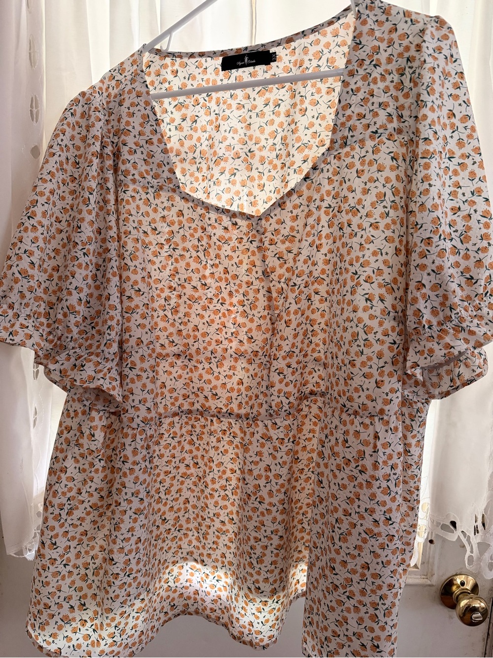 Peplum Floral Blouse by Unknown Brand - White with Peach Print